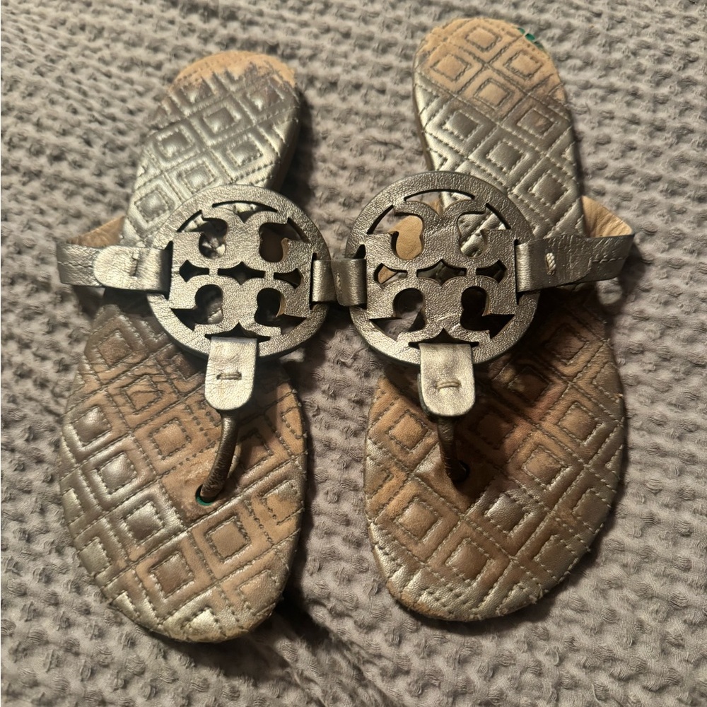 Tory Burch 5.5 Miller Silver Leather Logo Sandals As Is USED Project shoes